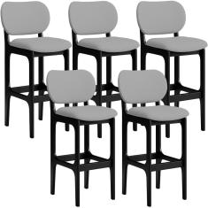 Kit 5 Banquetas Alta Fixa Betta L02 Madeira Maciça Assento Tecido Preto e Cinza Lyam Decor