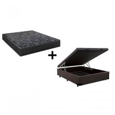 Cama Box Baú Casal 138 Tecido Sintético Marrom Com Colchão Lisboa Bello Box Espuma D28 Preto