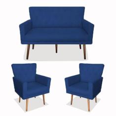 Kit 01 Namoradeira com 02 Poltronas Decorativa Julieta Pés Madeira Suede Azul Marinho