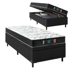 Cama Box Baú Solteiro Sintético Preto com Colchão de Espuma Semi Ortopédica Extra Firme Resistente Preto 88x188x52cm Suporta 80kg