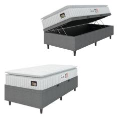 Cama Box Baú Colchão Solteiro Espuma D33 Vangogh Pillow Top 88x188x70cm Branco/Cinza Hellen - Suporta até 120kg por Pessoa
