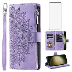 Asuwish Capa de celular para Samsung Galaxy S23 Ultra 5G Capa carteira com protetor de tela de vidro temperado e porta-cartões com zíper de flor de mandala S23Ultra 23S S 23 23Ultra 6,8 polegadas