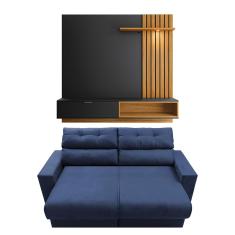 Sofá 3 lugares Cama Inbox Clean Retrátil e Reclinável - 190 cm de largura + Painel Home Suspenso Colibri Tocantins 160 cm de Largura - Preto Fosco