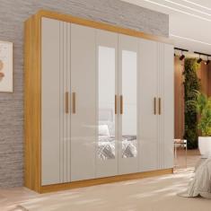 Guarda-roupa 4 Gavetas 6 Portas com Espelho Lisboa Cinamomo/Off White