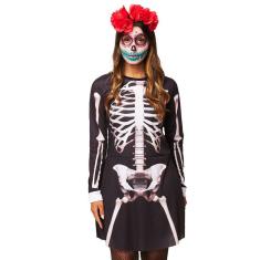 Fantasia Feminina Esqueleta Vestido Halloween Caveira Adulto