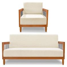 Kit Poltrona e Sofá Living 2 Lugares Marilia 1,60m Linho Base em Madei