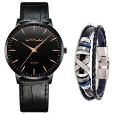 Relógio Masculino Crrju Casual Ultra Fino + Pulseira Metal, Preto