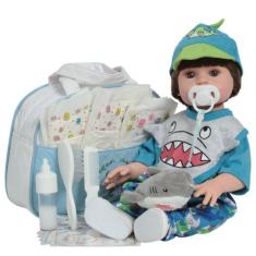 Boneco Reborn Bebê Realista Menino Tubarãozinho Bolsa Itens - Cegonha 