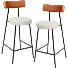 Kit 02 Banquetas Baixa Cozinha Sala Jantar Milão L02 Couríssimo Camel Linho Champagne