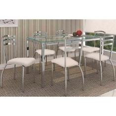 Sala de Jantar Completa Reno c/ Tampo Vidro 150cm + 6 Cadeiras Portuga