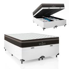 Cama Box Baú Queen Bipartido + Colchão Paris Molas Ensacadas - 66x158x198cm - Couro Branco