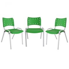 Kit 3 Cadeiras Iso para Escola Escritório Comércio Verde Base Branca
