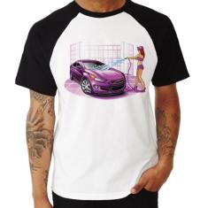 Camiseta Raglan Lava Jato Carro Roxo - Foca na Moda, Branco, Preto, M