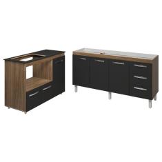 Balcão Cozinha Gabinete De Pia 160 Cm Estela E Balcão Para Fogão Cooktop 4 Bocas E Forno Elétrico Alana Savana Preto