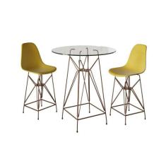 Jogo Mesa Bistrô Eames Vidro 60Cm 2 Banquetas Amarela Base Ferro Cobre