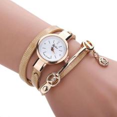 Relogio Feminino Dourado Pulseira De Couro Bracelete Strass - Senors