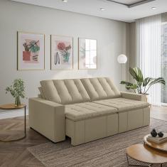 Sofá Cama Retrátil e Reclinável 4 Lugares 240cm em Veludo com Molas e Braço Reto Palmeira Cabecasa M Bege