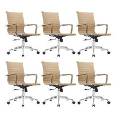 Kit 6 Cadeiras Esteirinha Diretor Giratória Couro Ecológico Cinza