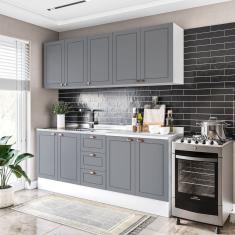 Cozinha Pérola com Rodapé 4 Peças Aéreos com 5 Portas, Balcão 2 Gavetas 3 Portas e Balcão 2 Portas Y Branco/Cinza