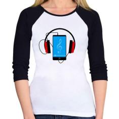 Baby Look Raglan Headphone Smartphone Manga 3/4 - Foca na Moda, Branco