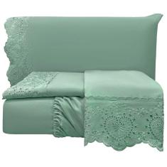 Jogo Lençol Casal Passione Bordado Inglês 4pç 100% Poliéster - Verde