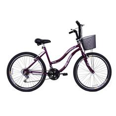 Bicicleta Feminina 26 Beach Violeta de 18 Velocidades com Aros duplos, Pneus Slik e Cesta- Dalannio Bike