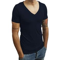 Camiseta Gola V Funda Básica Slim Lisa Manga Curta tamanho:egg;cor:azul-escuro