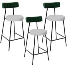 Kit 03 Banquetas Baixa Bar Cozinha E Sala De Jantar Milão L02 Facto Verde Linho Cinza - Lyam Decor