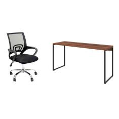 conjunto de mesa studio nogal 150 cm com cadeira de escritório secretária giratória javix preta