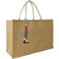 Hibala Bolsa de praia grande de tecido de palha feita à mão com borla de ombro, Bege, Large