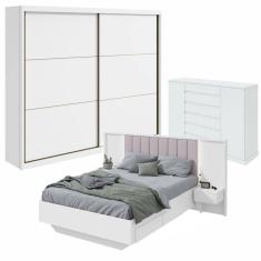 Conjunto com Guarda-Roupa Casal Toronto Plus e Cômoda Vedra e Cama Casal Solaris Branco