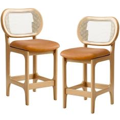 Kit 2 Banquetas Baixas Betta Assento Courino Estrutura Madeira Maciça Encosto Tela 65 cm Bege