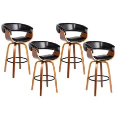 Kit 4 Banquetas Giratória Alta com Encosto Base Madeira Ravi R02 PU Preto - Mpozenato