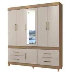 Guarda Roupa Casal Guarujá 6 Portas de Bater 4 Gavetas MDP com Espelho Amêndola-Off White Demóbile