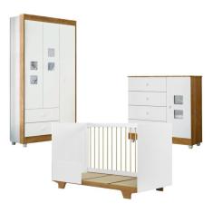 Quarto de Bebê Berço Mini Cama Flocos, Cômoda 1 Porta 4 Gavetas e Guarda Roupa 3 Portas 2 Gavetas Branco/Madeirado Ypê