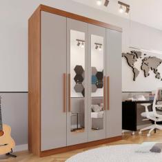 Guarda-roupa Solteiro 4 Portas 3 Gavetas com Espelho Roma Espresso Móveis Cinamomo/Off White