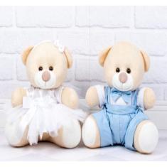 CASAL DE URSOS TEDDE PAJEM AZUL CLARO,DAMINHA BRANCA PADRAO PELUCIA 12