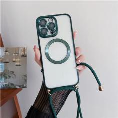 Capas de carregamento magnético sem fio transparentes revestidas para iPhone 15 14 11 12 13 Pro Max Crossbody Lanyard Colar Capa, verde escuro, para iPhone 15 Plus