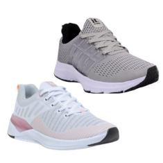 Tênis Feminino Esportivo Caminhada Academia Confortável Kit Nude/Cinza