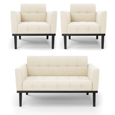 Sofá Namoradeira e 2 Poltronas Base de Madeira Preto Elisa Veludo D03 - D'Rossi 