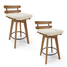 kit 02 Banquetas Giratória Costela Veludo Bege Base Madeira MA70 J01 - D'Rossi