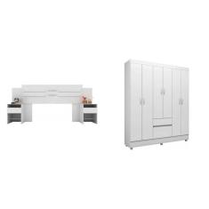 Conjunto Guarda Roupa Casal 6 Portas e Cabeceira com 2 Mesas de Apoio Yescasa Branco