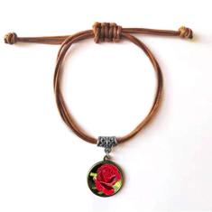 DIYthinker Pulseira de couro com rosas vermelhas escuras, pulseira marrom para presente