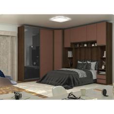 Guarda Roupa de Canto Casal com Vidro Reflecta Nogueira Dourado com Gaia Prime Luciane Móveis