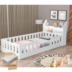Cama Cercadinho Infantil Mdf Helo Solteiro Com Colchão + Nicho E Led Branca Branco