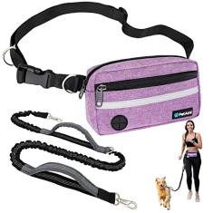 PetAmi Coleira para cães mãos livres, correia para corrida de cães para passear, correr, bolsa com zíper para cintura de cachorro com dispensador de saco de cocô, alças duplas acolchoadas, coleira elástica durável refletiva, única