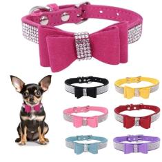 Coleira de couro com strass para cães e gatos com gravata borboleta e diamantes brilhantes de cristal para cães pequenos, médios e grandes