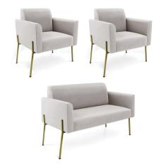 Sofá Namoradeira 2 Poltronas Pé De Ferro Dourado Marisa Veludo Cinza D03