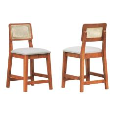 Kit 2 Banquetas Baixa/Cadeira Gabi Madeira Maciça Encosto Telinha - Amêndoa - Assento Estofado Corano Bege