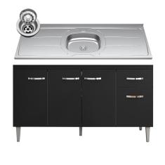 Balcão Gabinete Com Pia Inox 150cm 4 Portas e 1 Gaveta Gabriela Preto - AJL Móveis